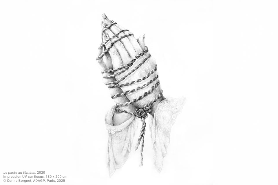 Le pacte au féminin, 2020, impression UV sur tissus, 180x200cm ©Corine Borngnet, ADAGP, Paris, 2025