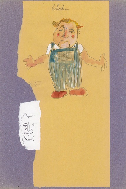 Dessin préparatoire pour la fabrication de la marionnette de Coluche dans le spectacle « Temps de chien ou Noé l’endormi », par Marianne Merle.